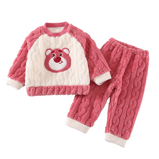 女童睡衣女孩秋冬装2025新款网红儿童草莓熊宝宝珊瑚绒冬款家居服