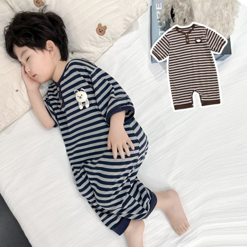 男童连体睡衣夏季薄款男宝立体小熊防着凉空调服条纹短袖防踢睡袋