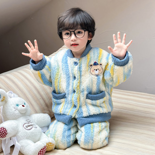 保暖法兰绒家居服款 秋冬珊瑚绒双层加厚开衫 2025新款 男童睡衣套装