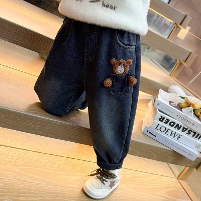 女童加绒裤子2025新款秋冬季加厚保暖女宝宝打底裤小熊时髦牛仔裤