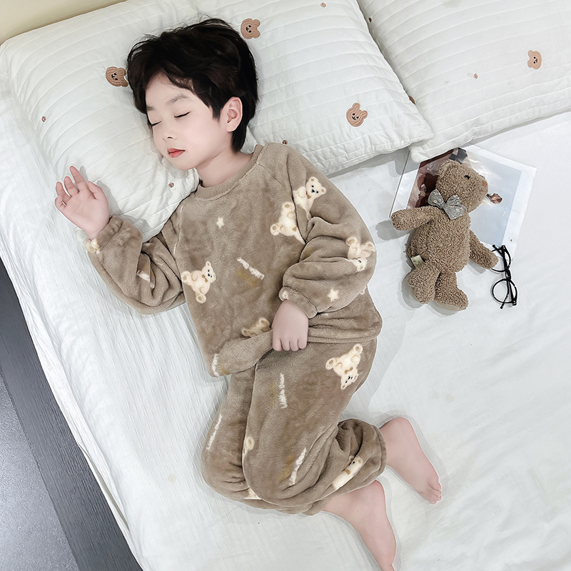 男童睡衣2025新款秋冬法兰绒小熊小狗款加绒加厚男宝宝居家服套装