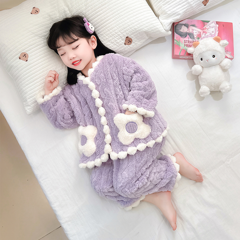 女童睡衣2025秋冬新款女宝珊瑚绒紫色花朵麦穗保暖棉服法兰绒套装