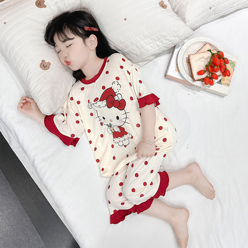 女童睡衣2025新款儿童春夏款卡通可爱圆点圣诞KT猫套装薄款家居服