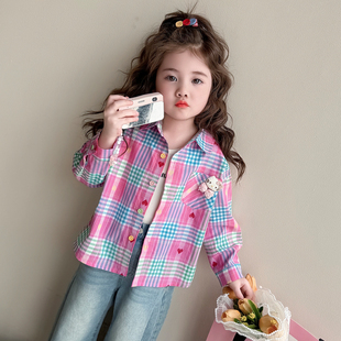 女童衬衫春秋季新款女宝宝格子长袖上衣KT猫百搭洋气时髦儿童外套
