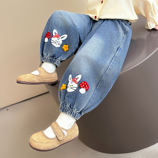 女童裤子春秋季休闲长裤女宝宝蘑菇兔毛巾绣牛仔裤儿童洋气束脚裤