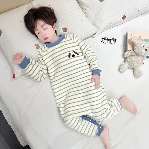 男童连体睡衣2025新款秋冬男宝宝法兰绒雪肤绒条纹保暖居家服爬服