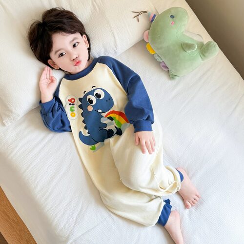 男童连体睡衣纯棉长袖长裤可爱字母恐龙儿童空调服春秋家居服睡袋