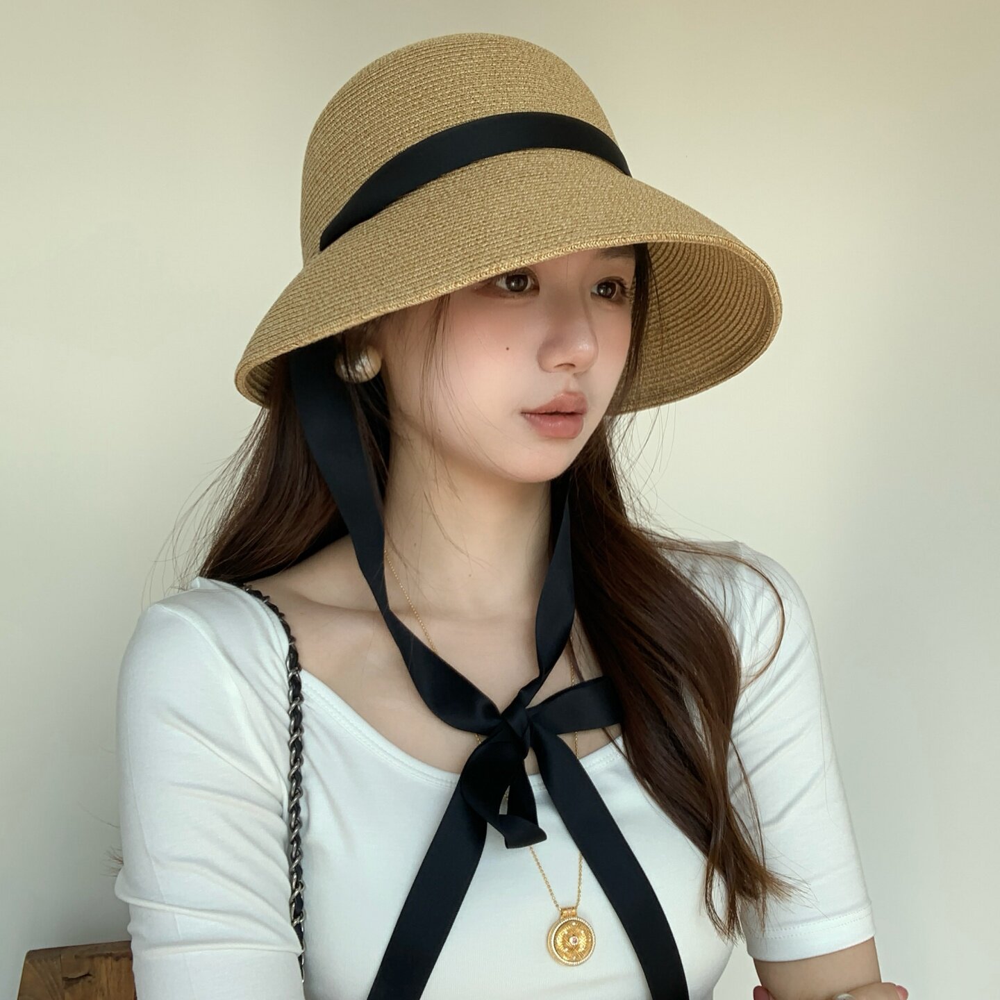 法式优雅大檐遮阳草帽女复古海边度假显脸小可折叠飘带防晒渔夫帽
