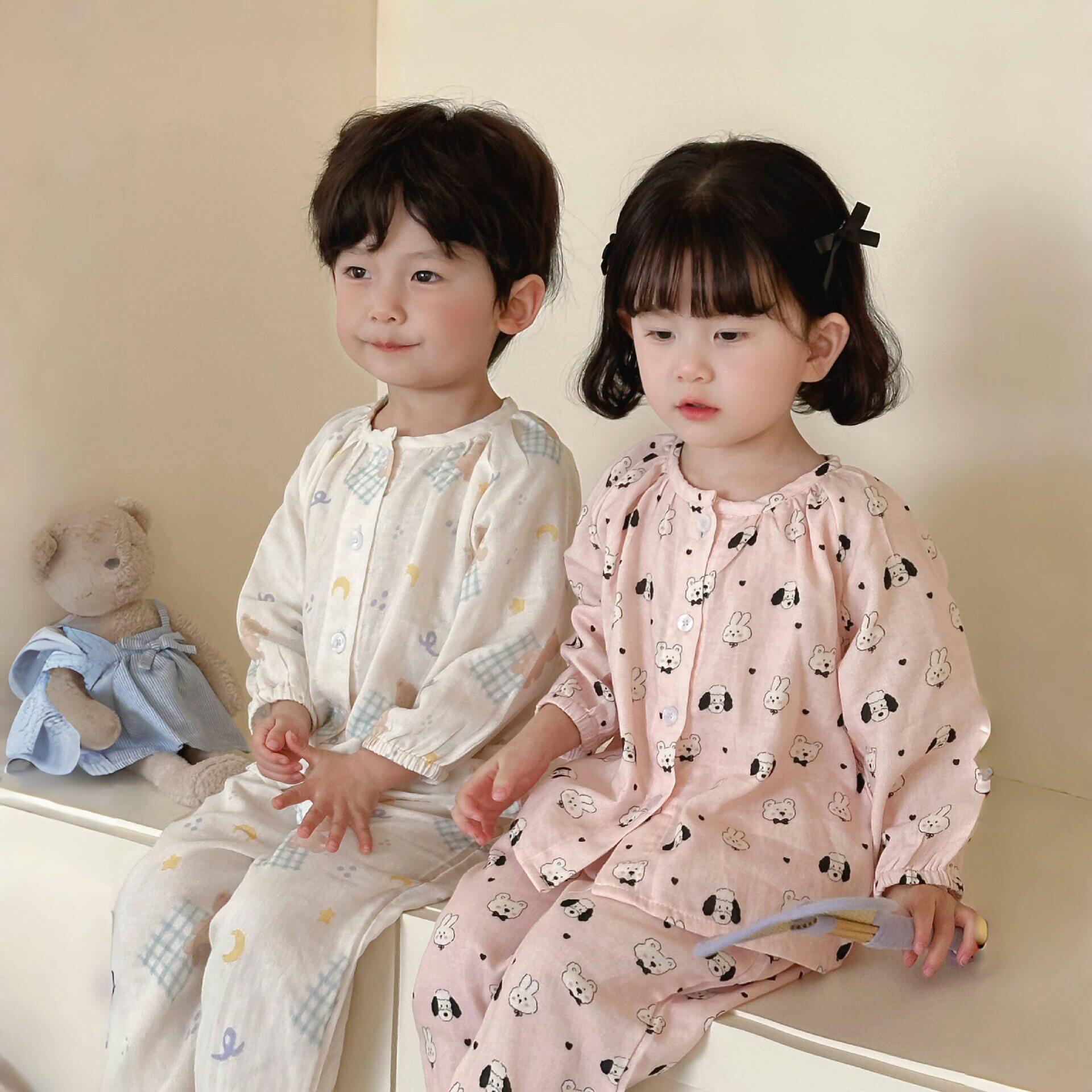儿童婴幼儿棉纱长袖长裤睡衣套装A类纯棉卡通男女童家居服空调服5