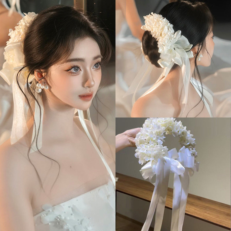 新款森系超仙新娘结婚头饰白色绣球花蝴蝶结发饰婚纱造型配饰大气