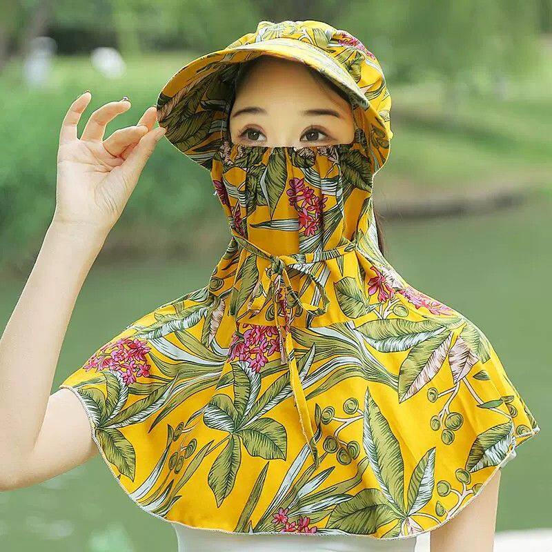 夏季防晒帽女春季护颈一体遮阳帽户外防风面罩花卉遮脸透气太阳帽