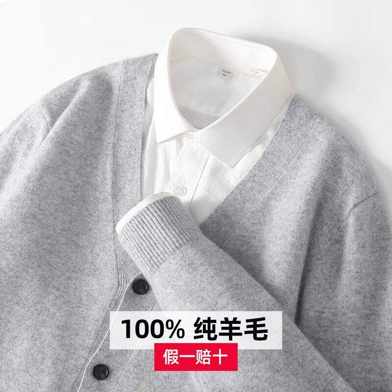 2025新款春秋纯羊毛开衫男V领青年商务休闲大码针织时尚羊绒外套