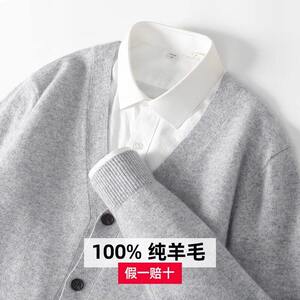 2025新款春秋纯羊毛开衫男V领青年商务休闲大码针织时尚羊绒外套