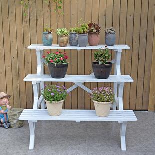 覆古白色多层实木花架阳台阶梯式做旧花盆架民宿庭院落地盆景装饰