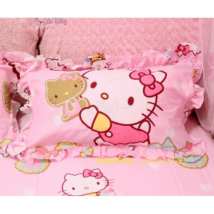 全棉卡通单人枕套1个带花边 KT凯蒂猫粉色糖果大猫kitty