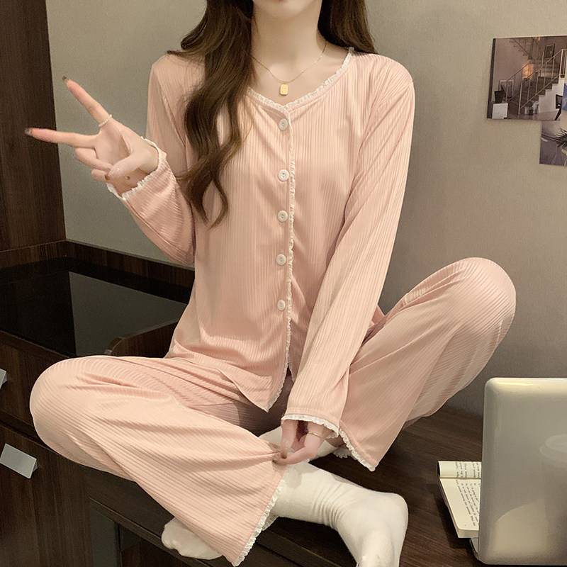 睡衣女春秋季长袖纯棉2026年新款性感网红风V领纯色两件套装外穿