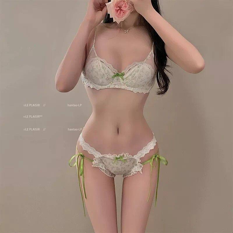 法式少女碎花纯欲内衣女小胸蕾丝蝴蝶结甜美文胸套装性感胸罩薄款