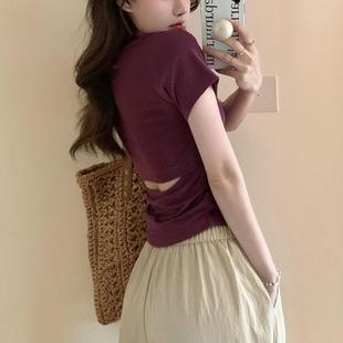 韓版 辣妹設計感后背鏤空修身 短袖 t恤女夏季 上衣女 顯瘦露背打底衫