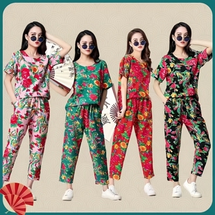 中式东北大花布舞台表演服装网红搞笑二人转年会姐妹舞蹈演出套装