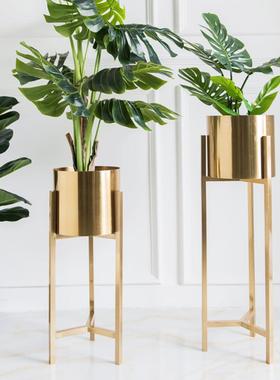北欧仿铜金色轻奢花架客厅电视柜阳台绿萝绿植花盆落地置物架摆件