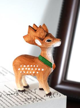 梅花鹿手工木雕小摆件可爱卡通木质雕刻公仔送学生桌面装饰品礼物