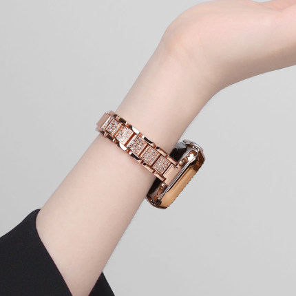 两全适用s10苹果手表表带女款高级感金属镶钻夏天applewatchs8表带链式玫瑰金23456789se代42/40/44/45/41mm