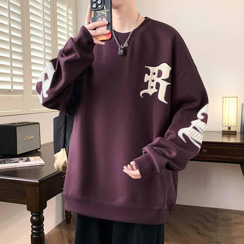 潮牌痞帅宽松上衣T青少年初中高中百搭长袖t恤春秋款圆领卫衣男生