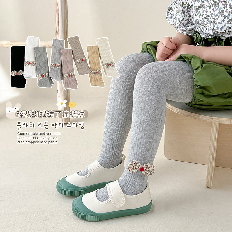 麦穗麻花碎花蝴蝶结儿童连裤袜春季新款女童宝宝打底外穿裤袜