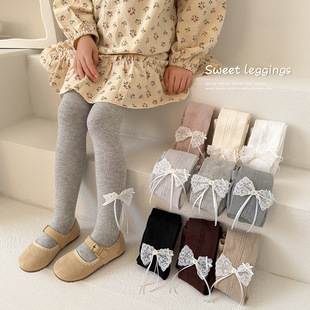 外穿甜美蝴蝶结儿童纯色连裤 2026春季 女童打底裤 新款 子 袜女童裤