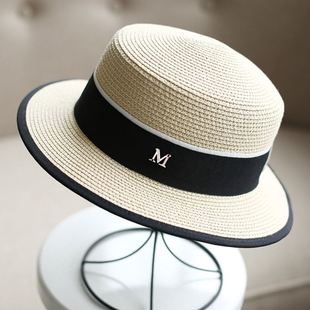 夏天加密平顶草帽M标帽子女款 礼帽女白色遮阳太阳帽. 英式 草帽夏季