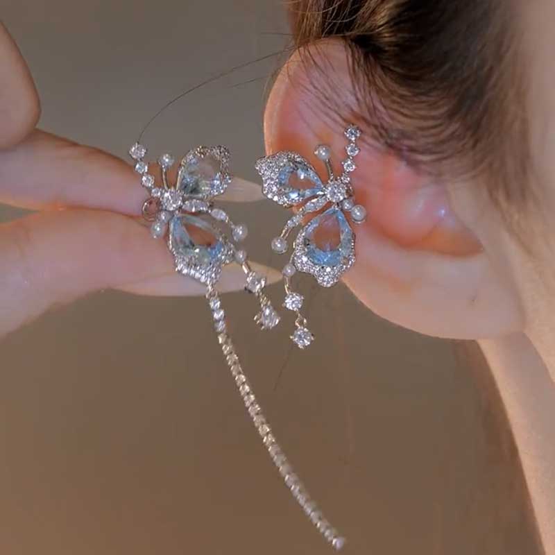 超仙蓝色渐变不对称蝴蝶耳骨夹