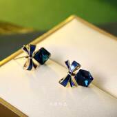 简约气质蓝色蝴蝶结水钻耳钉女简约时尚 潮网红气质耳饰 2022年新款