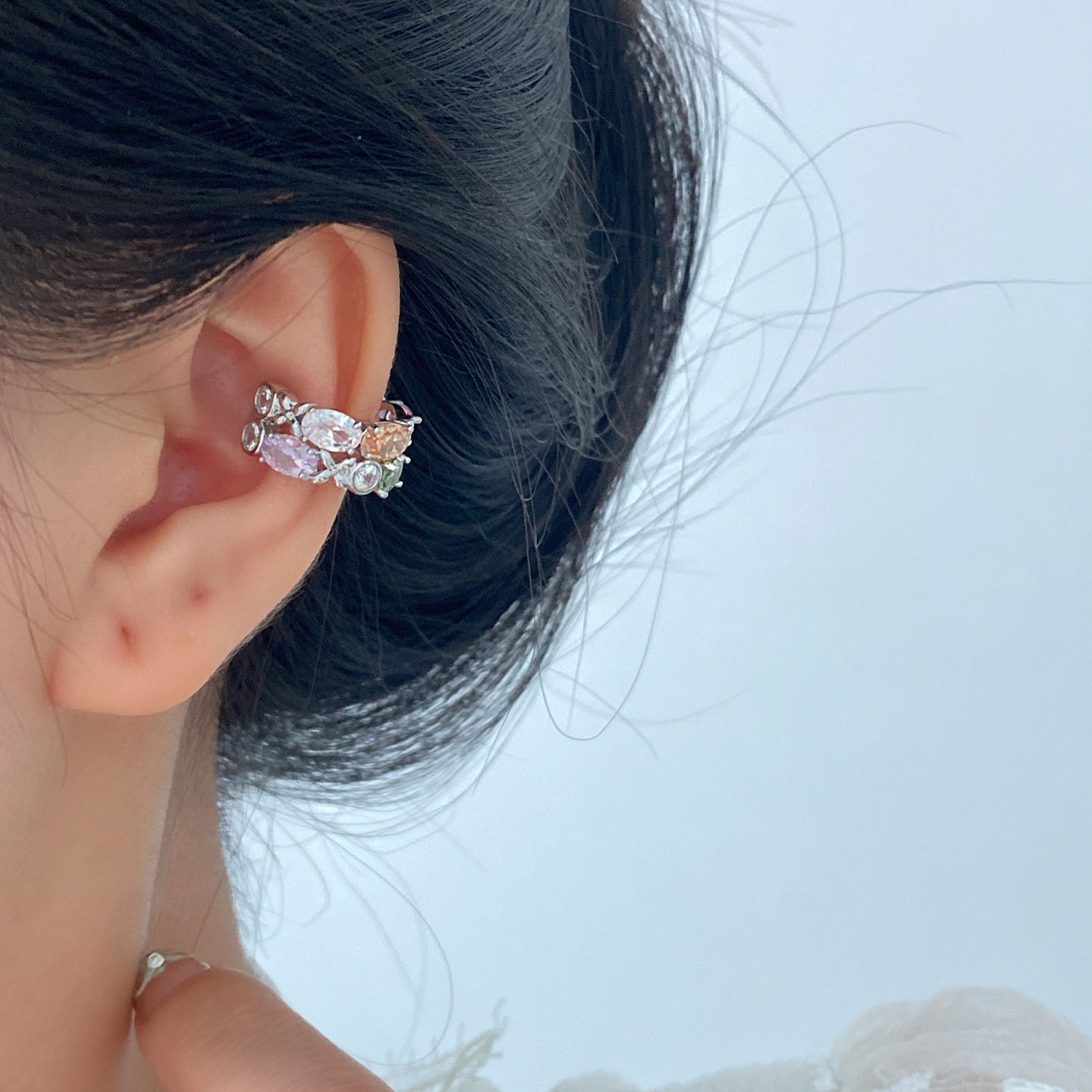 小众彩钻双层花朵无耳洞耳夹