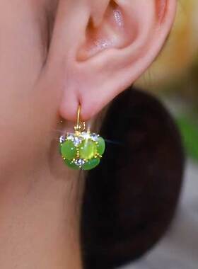高级感绿色猫眼石花篮耳扣女时尚气质个性百搭耳饰2025春季新款潮