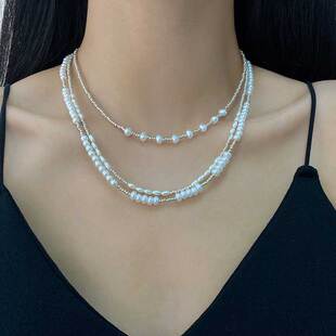 韩式轻奢风叠戴式珠珠毛衣链复古高级感小众项链秋冬季新款潮