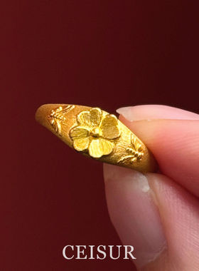S925纯银古法金色拉丝四叶草戒指