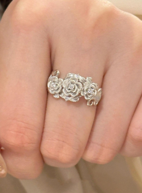 中古拉丝立体玫瑰戒指女小众设计