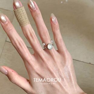 新中式椭圆蛋面仿玉髓戒指女小众设计可调节叠戴时尚气质精致指环