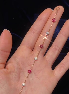 S925纯银四叶草红宝石闪钻手链女