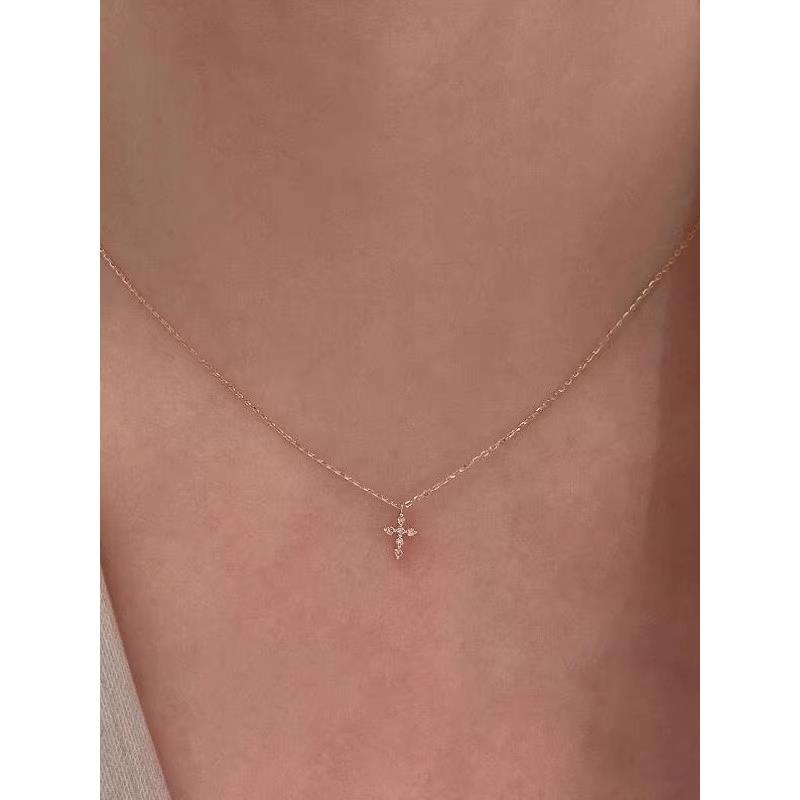 金色极细款闪钻mini十字架项链女