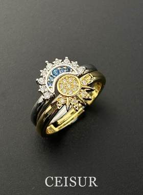 中古vintage镶仿钻日月戒指精致