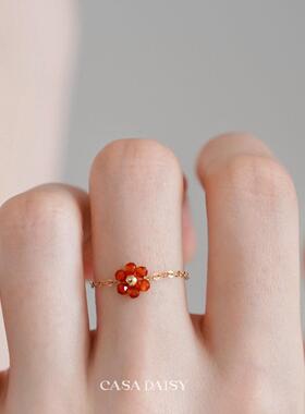 小清新简约红色花戒指女时