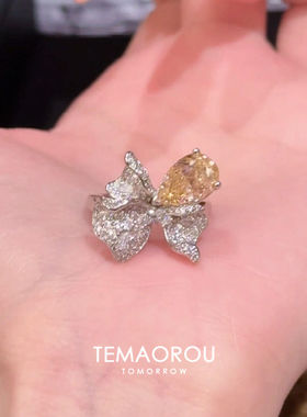 法式灵动仿黄钻水滴飘带蝴蝶戒指