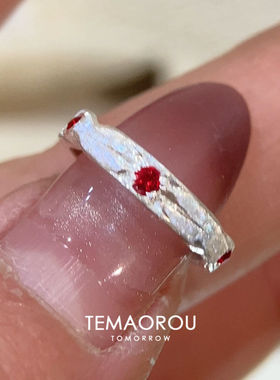 中古排钻仿红宝石拉丝银色戒指女
