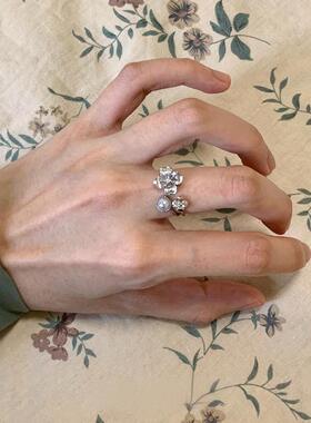 S925纯银珍珠花朵戒指精致高级感