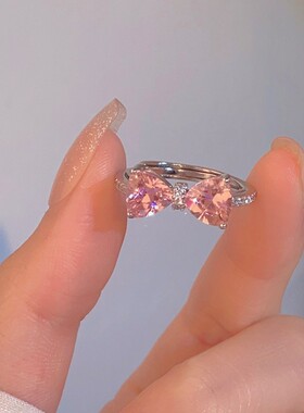 新潮开口粉钻蝴蝶结戒指小众设计