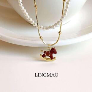 新年红色珐琅小马项链女2026新款独特本命年气质高级感毛衣链配饰