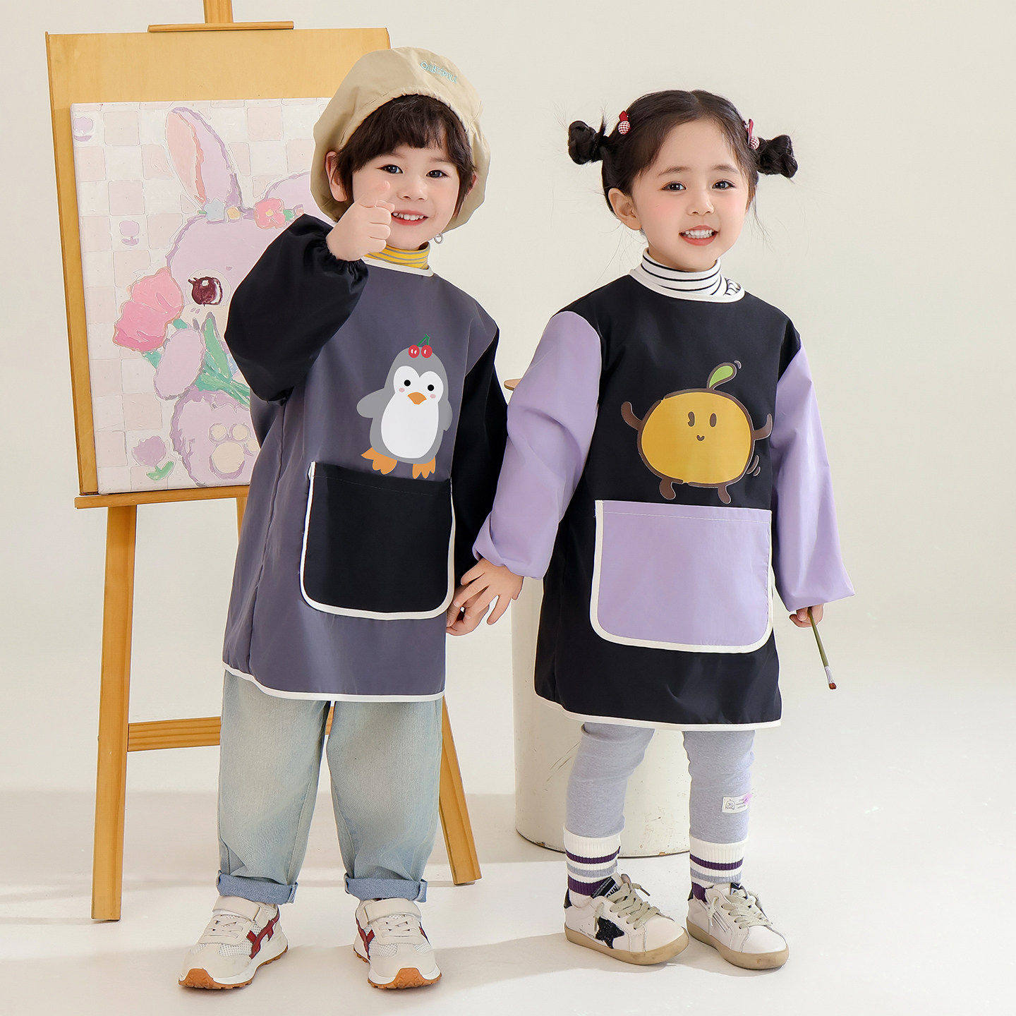 儿童围裙幼儿园绘画罩衣魔术贴防水男女宝宝美术长袖反穿衣画画衣