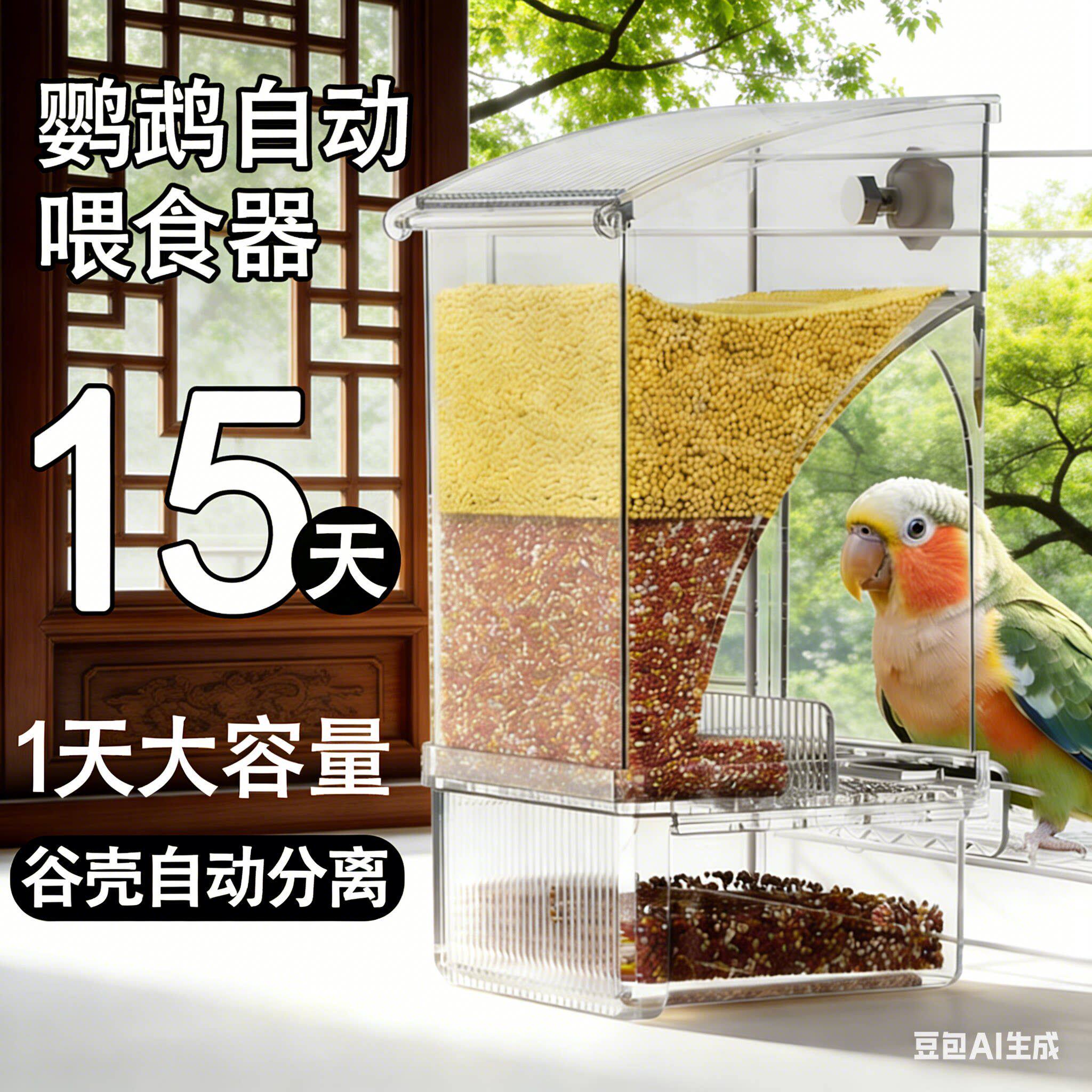 德国鹦鹉自动喂食器一体机挂式防撒溅小鸟食盒谷壳分离自动下料器