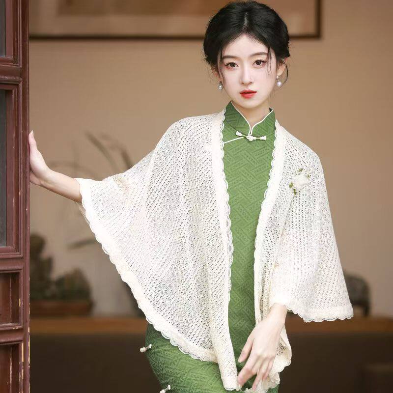 新中式镂空针织披肩女夏季配旗袍外搭开衫复古防晒斗篷罩衫
